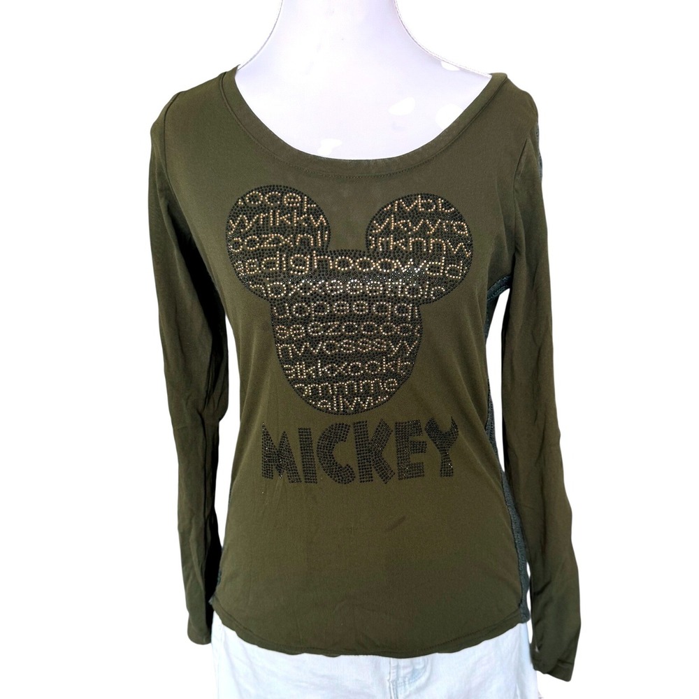 Mickey Mouse Studded Mesh Tee Rhinestone Cable Knit Trim Top Olive Green Medium